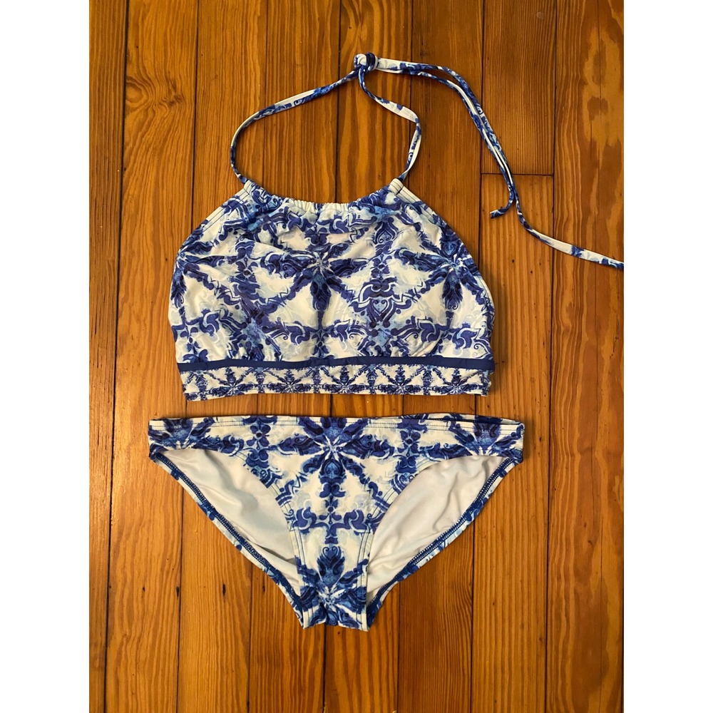 Michael Kors Womens Blue White Sz XS High Neck Halter Bikini Set Two Piece - Picture 2 of 9